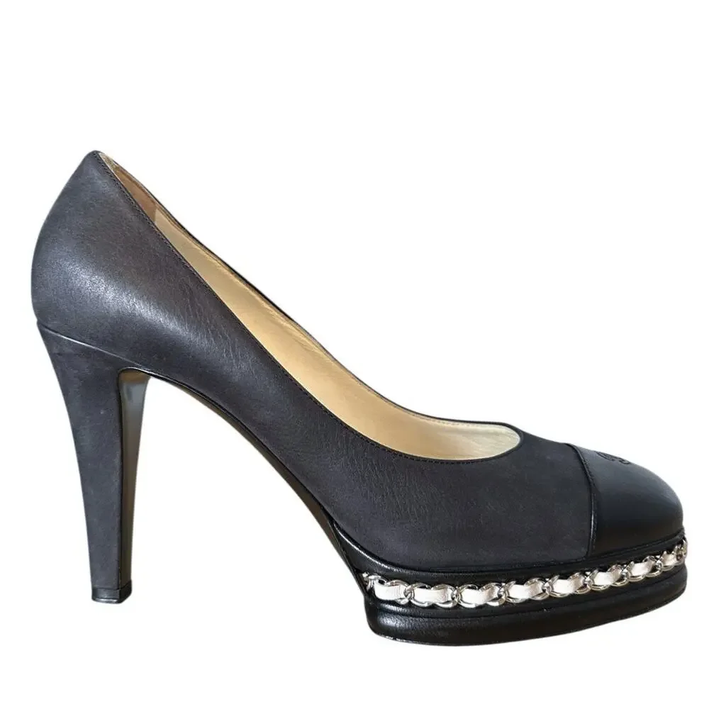 Chanel CC Cap Toe Chain Platform Pumps 39C Black 4” Heel G29068